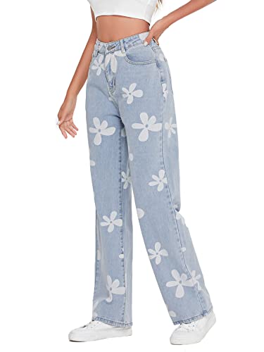 Makemechic Women's Floral Print High Waist Wide Leg Jeans Long Denim Pants Light Wash L #TOP3