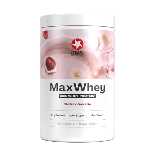 MaxiNutrition MaxWhey 100% Whey Proteinpulver Kirsche Banane 420 g Dose, ergibt 14 Protein-Shakes à 23g Eiweiß, ohne künstliche Aromen, inkl. Vitamin B6, Made in Germany