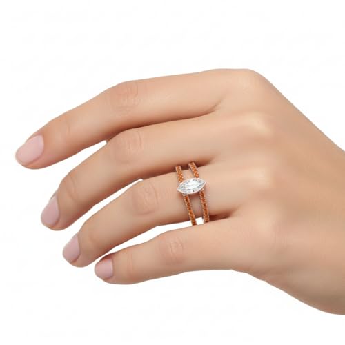 Image of Choose Your Gemstone Marquise Bezel Set Diamond CZ Band Rose Gold Plated Marquise Shape Split Shank Engagement Ring Lightweight Office Wear Everyday Gift Jewelry US Size 4 to 12