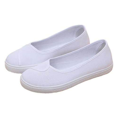 Mujer Planas Mocasines Transpirable Ligero Zapatillas Slip on Lona Zapatos De Caminar Boca Poco Profunda Ballet Cómodo Casual, blanco, 37 EU