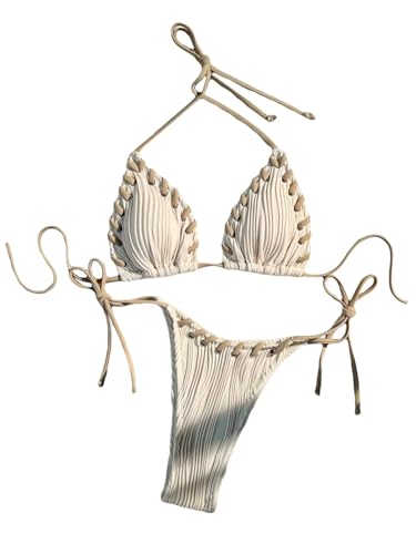 Women's High Waisted Bathing Suit Shell Decor Tie Back Swimsuit Bikini Set 2 Piece