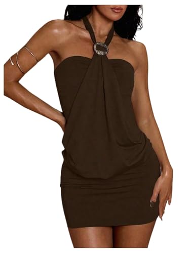 MakeMeChic Womens Ruffle Mini Dress Y2k Backless Sleeveless Western Going Out Halter Dresses Brown Medium