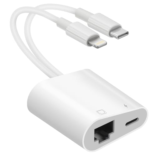 Adaptador Lightning y USB C a Ethernet, adaptador de red LAN Ethernet RJ45 2 en 1 con puerto de carga compatible con iPhone/iPad/iPod/Samsung y más, soporta Plug and Play de 100 Mbps