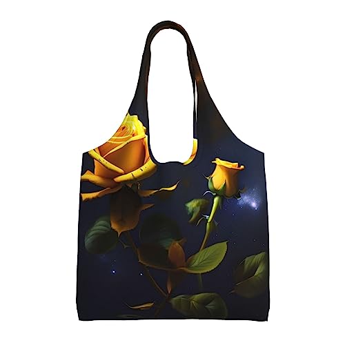 Yellow Roses Starry Night Printed Canvas Bag Women's Fashion Shoulder Tote Bag Lightweight Shopping Bag