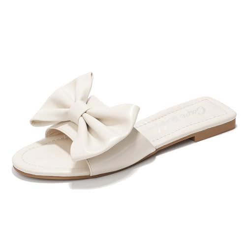 Cape Robbin Women's Flat Sandals - Slip-On Mules with Bow Decoration (Dane) - Off White Size 11