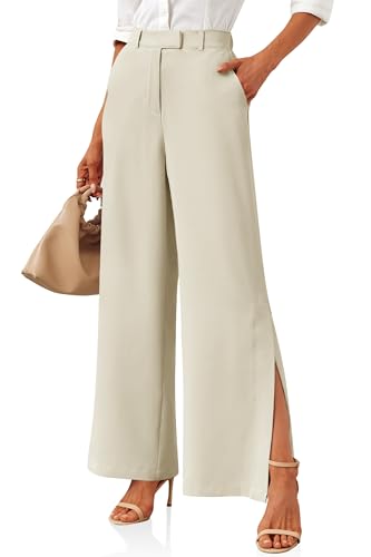 Cicy Bell Womens Side Split Dress Pants Elastic High Waisted Wide Leg Business Casual Trousers with Pockets Beige