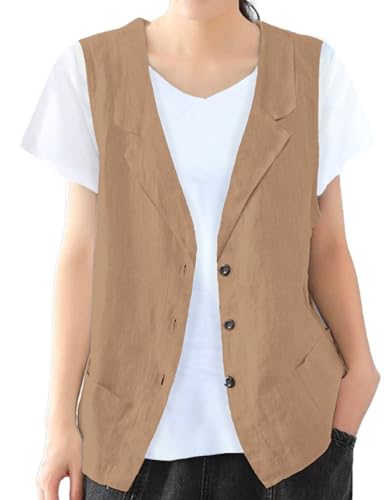 IDEALSANXUN Linen Vest for Women Casual Sleeveless Spring Summer Blazer Jackets