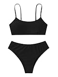 SHENHE Girl's 2 Piece High Waisted Spaghetti Strap Swimsuit Bathing Suit Bikini Sets Black 14Y