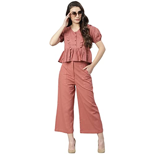 Image of DEEBACO Women's Solid Calf Length Top with Trouser|V-Neck|Short Sleeve|Cord Set for Women Cotton|Jumpsuits Western Dress for Women Stylish|Two Piece Co ord Set|Party Casual Wear(Aqua Blue)
