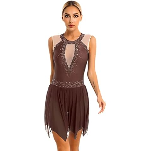 Jowowha Women Shiny Rhinestone Mesh Splice Back Figure Ice Skating Dress Ballet Tank Leotard Dress Dancewear Brown D S Cover