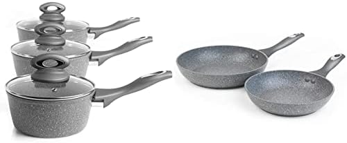 Salter BW02986G Collection Forged Aluminium Non Stick 3 Piece Saucepan Set, Marble Grey & BW04136G Marble Collection Non Stick 2 Piece Frying Pan Set, 20/24cm, Cook Healthy, Grey