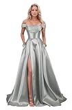 ALFEICE Strapless Prom Dress with Slit 2025 Corset Long Satin Ball Gowns with Pockets for Women Dress Formal Evening Gowns Silver 08