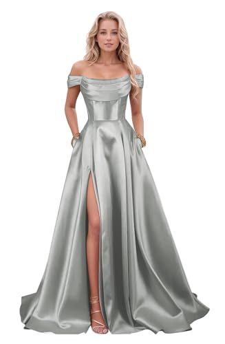 ALFEICE Strapless Prom Dress with Slit 2025 Corset Long Satin Ball Gowns with Pockets for Women Dress Formal Evening Gowns Silver 08