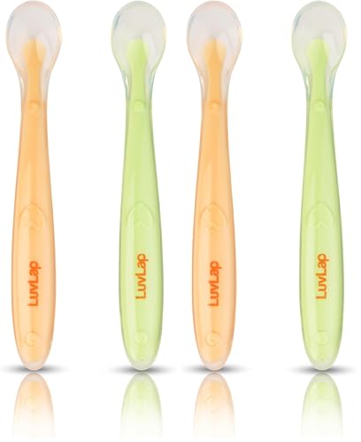 Image of LuvLap Baby Feeding Spoon Set of 2 with Ultra Supple 100% Silicone Tip,Bpa Free Material with Food Grade Silicone Tip,Self Feeding Utensil,Baby Weaning Spoon for Kids 4 Months+(Green&Pink),16 Cm