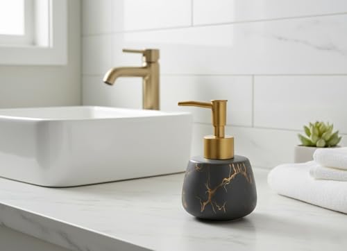 Image of BATH GURU 200 Ml Countertop Marble Finish Liquid Soap Dispenser Pump Handwash Dispenser | Bathroom Wash Basin Kitchen Sink | Grey (C-12)