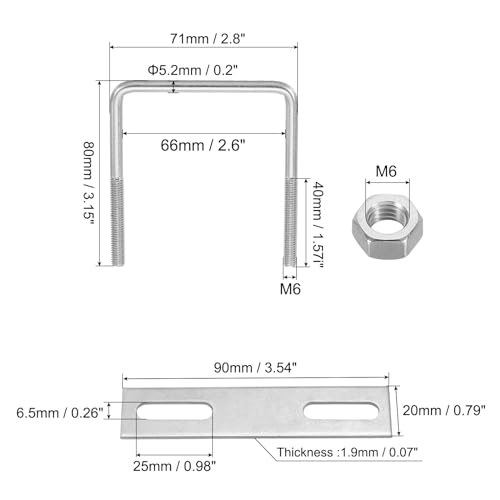 Image of PATIKIL M6x65x80mm Square U-Bolts Kit, 2Set 304 Stainless Steel Square U Shaped Bolts Replacement Parts with Frame Plates and Nuts for Ski Board Sailboat Trailer