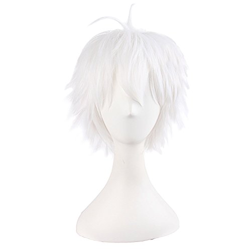 MapofBeauty 14 Pouce/35cm Perruque Cosplay En Queue De Cheval Pour Hommes Aux Cheveux Courts (Blanc)