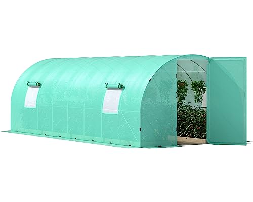 Amerlife 28x10x7.5 FT Extra High Large Walk-in Tunnel Greenhouse for Outdoors, Upgraded Swing Door, Heavy Duty Galvanized Hot House Plants Shed Greenhouse kit, Reinforced PE Cover & Film Clips, Green