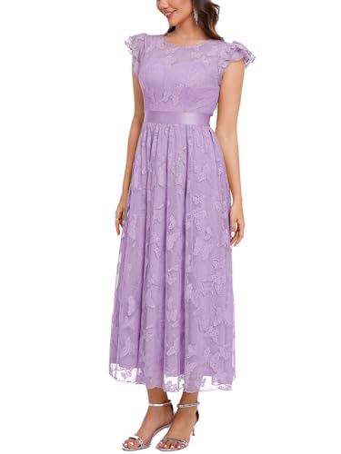 Image of Women's Casual Tulle Midi Dress Ruffle Sleeve Crewneck Lace Flowy Dresses Party Wedding Guest Sundress