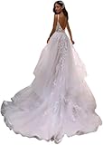 Sexy V Neck See Through Wedding Dresses for Bride Lace Ball Gown A Line Bridal Dress with Long Train Ivory Us14