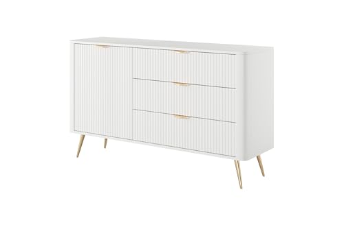3E 3xE living.com Cómoda: 3 cajones, 1 Puerta, Blanca, 138,2 x 38 x 81,2 cm, frentes Redondeados y estriados.
