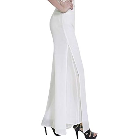 Putaowor Womens Chiffon High Elastic Waist Palazzo Dressy Pants Flare Straight Leg Trousers White Split 10 Cover