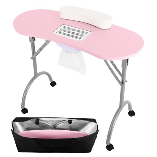 DAOHHFO Mesa de manicura plegable con aspiración, 90 × 40 × 72,5 cm, mesa de manicura portátil con bolsa impermeable, bolsa de aspiradora (rosa)