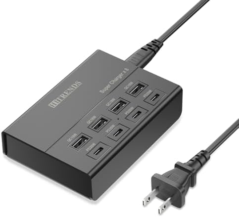 USB Charger with USB C PD20W and USB A QC18W, HITRENDS 60W PD Fast Charging Station, 5ft 8-Port Multiple Desktop Multi Port USB Charging Hub Compatible with iPad iPhone 17/16/15/14, Galaxy S24/S23/S22