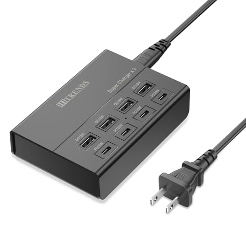 USB Charger with USB C PD20W and USB A QC18W, HITRENDS 60W PD Fast Charging Station, 5ft 8-Port Multiple Desktop Multi Port USB Charging Hub Compatible with iPad iPhone 17/16/15/14, Galaxy S24/S23/S22