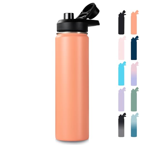 Image of Fijinhom Insulated Water Bottle with Handle, 304 Stainless Steel Water Bottles with Wide Mouth, Double Wall Vacuum Sports Water Bottle, BPA Free, Keep Cold and Hot, 24 Ounces, Coral