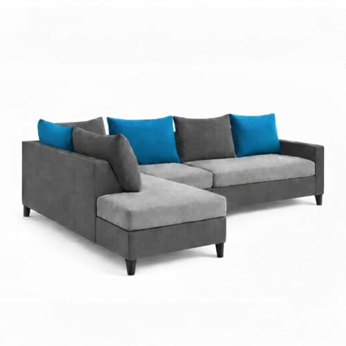 Image of FURNY Glory 6 Seater LHS Fabric Sofa Set (Dark Grey-Light Grey-Aqua Blue) with Velvet Finish | Durable Comfort | Ideal for Living Room | Breathable material