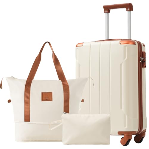 Hardshell Luggage Sets 3 Piece Carry-on Suitcases with Wheels, TSA Lock for Men Women, White Brown (20in)