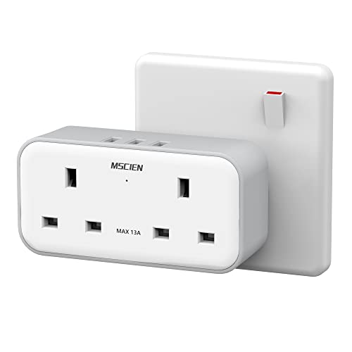 Plug Adapter with 3 USB Mscien Double Plug Adaptor Multi Plug Extension Dual 2 Pin Socket at The Bottom 13A UK Surge Protected Multiplug Extender Wall Charger Power Socket for Home Kitchen Office