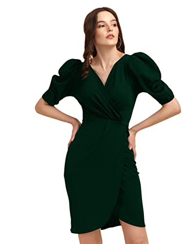 Image of Sheetal Associates Women's Puff Sleeve V-Neck Bodycon Casual Mini Dress