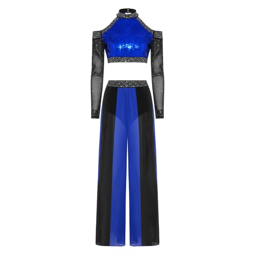 Costumes danse lyrique bleu royal avec top paillettes et pantalon fente S