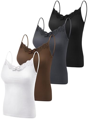 Fourluoo 4 Pack Women's Long Lace Tank Tops Lace Camisole Spaghetti Strap Y2k Slim Fit Tight Basic Soft Cami Patchwork Tops(White, Black, Dark Gray, Coffee,X-Large)