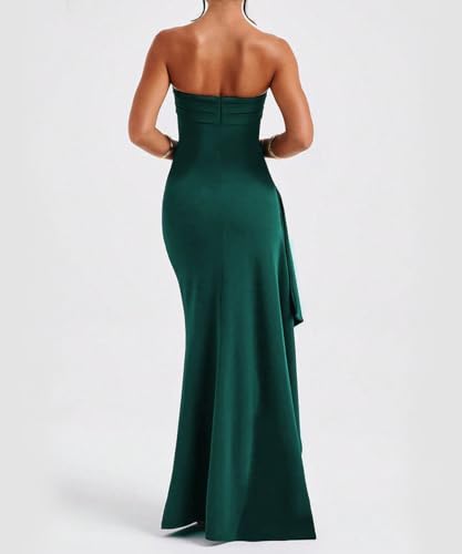 Image of SKAYS Women's Strapless Maxi Dress Elegant Tube Top Formal Ruched Bodycon Wedding Guest Cocktail Summer Dress with Slit