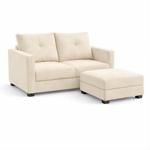 Image of FURNY Heritage 2 Seater Fabric Sofa Set with 1 Ottoman (Cream) with Velvet Finish | Durable Comfort | Ideal for Living Room