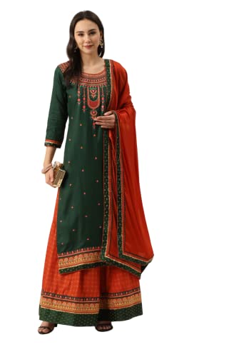 Image of LYMI LABEL Women Viscose Rayon Foil Printed & Embroidered kurta with Flared Skirt & dupatta