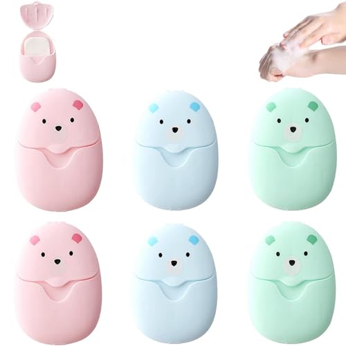 Xrten 300 Piezas 6 Cajas Jabones de Papel, Jabón de Viaje, Hojas de Jabón con Caja de Almacenamiento, Jabon Portatil Laminas, para Camping, Senderismo, Oficina (Rosa+Azul+Verde)