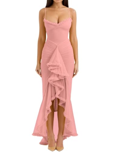 Image of meilun Elegant Mesh Wedding Guest Dress Flowy Ruffle Bodycon Maxi Dress Fishtail Long Formal Dress