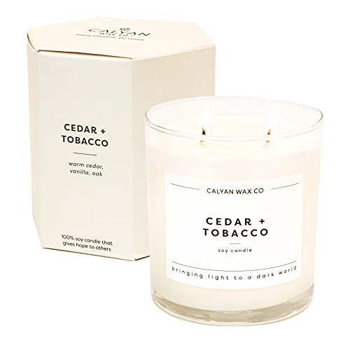 Cedar & Tobacco Scented Candle, Soy Wax Candles For The Home Scented With Phthalate Free Oils, 3.5 X 3 Inch, 8.8 Oz, 37 Hour Burn Time Fall Candles & Home Decor In Glass Jar - Calyan Wax #TOP22
