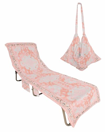 Pink Tribal Floral Beach Chair Cover with Side Pockets, Microfiber & Quick Dry Pool Chaise Lounge Chair Towels Covers for Sun Sunbathing Patio Garden Hotel, Southwestern Ethnic Traditional