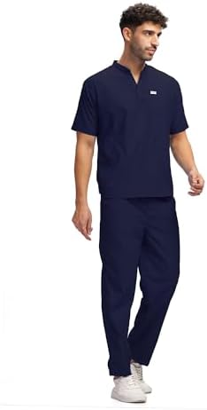 KNYA Classic Men's 5-Pocket Mandarin Collar Scrub Suit| Regular fit | Short Sleeves | For Doctors (L, Navy Blue)
