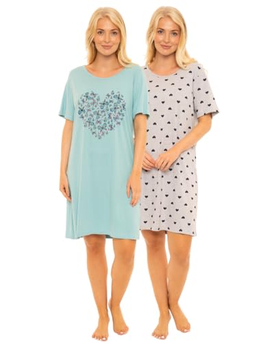 Suzy & Me Womens Pack of 2 Short Sleeved 100% Cotton Jersey Nightshirts. Butterfly Heart Stag Bee Campervan Print Designs (GREY/DUCK EGG 16-18)