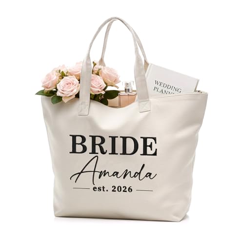CARAKNOTS Mrs Tote Bag for Bride 2026 – Large Natural Canvas Wedding Tote with Zipper & Pocket, Future Mrs & Bride to Be Gifts for Bridal Shower, Engagement, Bachelorette Party, Honeymoon Beach Bag