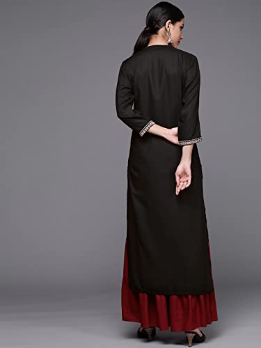 Image of Varanga Women Black Straight Kurta with Embroidered Yoke