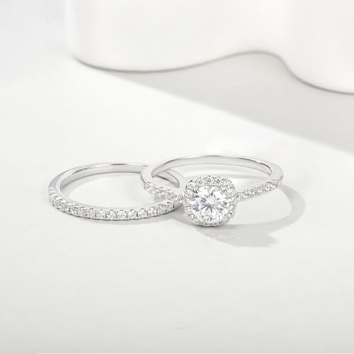 MDFUN White Gold Halo Engagement Ring for Women Promise Ring Wedding Bands Set Plated Rectangle Cubic Zirconia Eternity Band Size 5-104