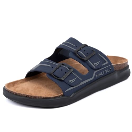 Image of Nautica Men's Sandals - Casual Slides with 2 Adjustable Buckle Straps and Cork Footbed for Ultimate Comfort and Style (Regular /Wide Width, Big Size)