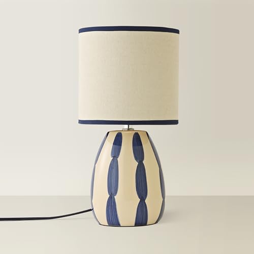 ValueLights | Brynn Natural and Navy Ceramic Stripe Table Lamp with Bulb | Table Lamps, Home Décor & Improvement Essential | Includes Bulb